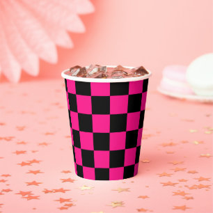 Gobelets En Papier à damiers carré rose chaud noir rétro géométrique