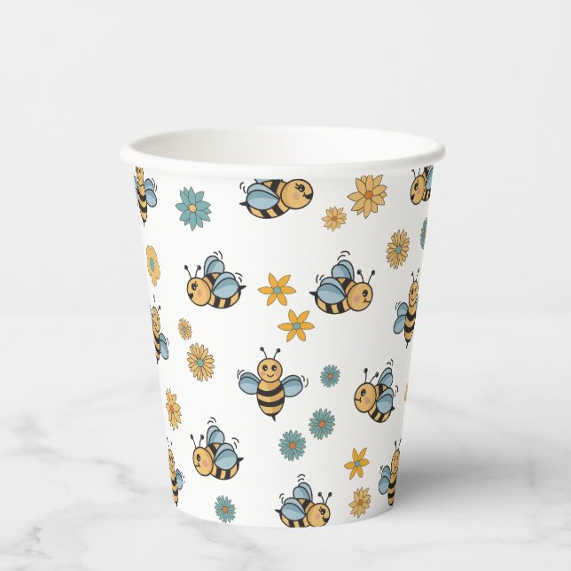 Gobelets En Papier Abeilles de miel mignonnes et Fleurs sauvages flor (Recto)