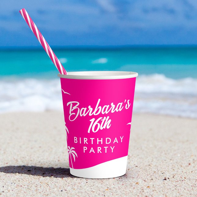 Gobelets En Papier Ado Anniversaire Trendy Beach Hot Pink Sweet 16 (In Situ on beach)