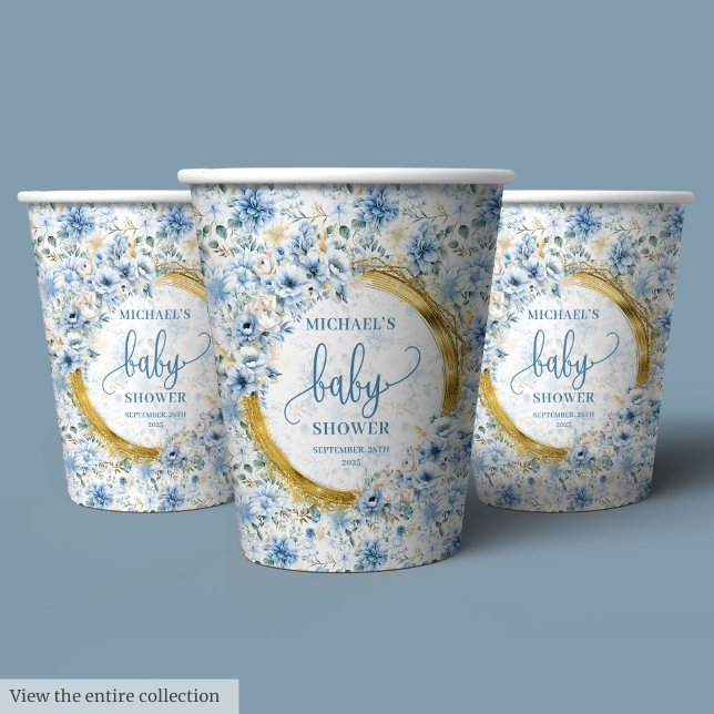 Gobelets En Papier Adorable bleu poussiéreux aquarelle fleurs or garç (Adorable dusty blue watercolor flowers gold boy Paper Cups)