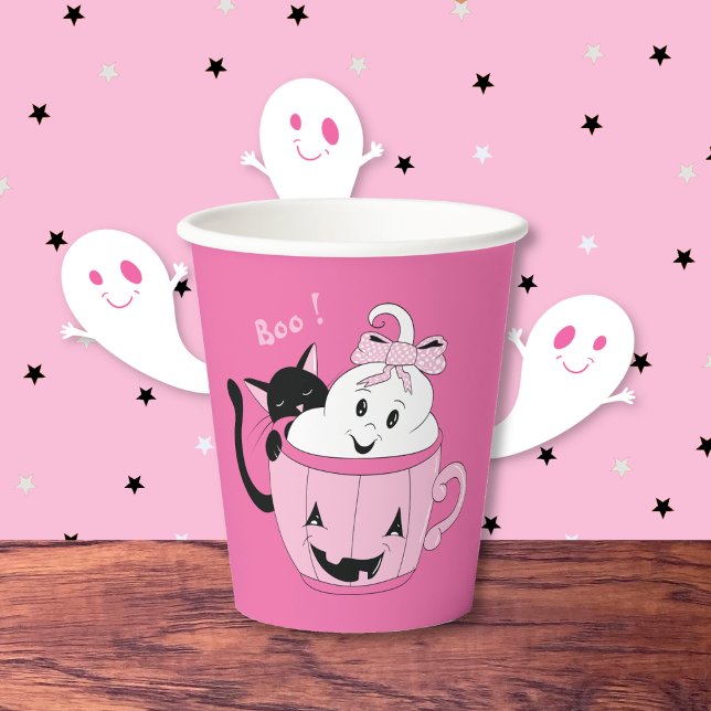 Gobelets En Papier Adorable Chat noir Fantôme rose Halloween Coupe de (Adorable black cat and ghost pink Halloween paper cup (single , no lid) .)