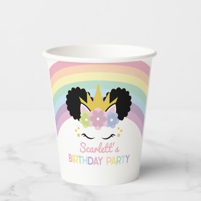 Gobelets En Papier Afro Puff Unicorn Rainbows fête d'anniversaire (Recto)
