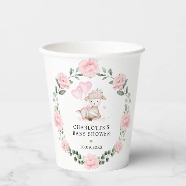 Gobelets En Papier Agneau mignon rose Floral Wreath & Ballons Bébé fi (Recto)