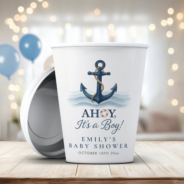 Gobelets En Papier Ahoy C'est un garçon Baby shower bleu marine nauti (Créateur téléchargé)