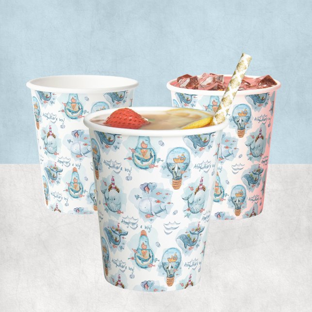Gobelets En Papier Ahoy C'est un garçon mignon Baby shower baleine (Ahoy It's A Boy Cute Whale Baby Shower Paper Cups
)