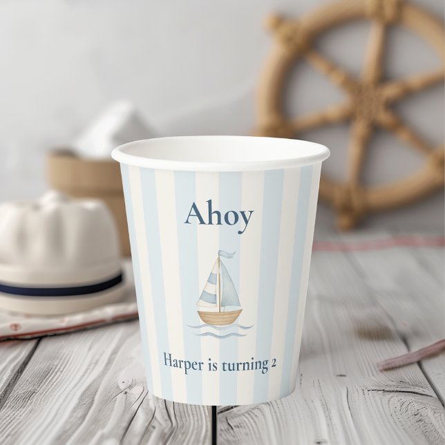 Gobelets En Papier Ahoy Nautical Birthday | Bateau à voile bleu Paste (Créateur téléchargé)