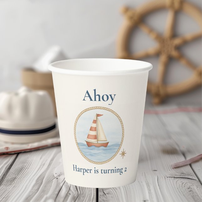 Gobelets En Papier Ahoy Nautical Birthday | Blue Sailboat Party pour  (Créateur téléchargé)
