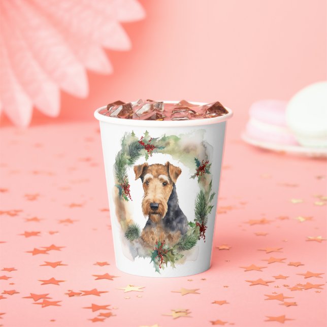 Gobelets En Papier Airedale Christmas Wreath Festive Pup (Insitu)