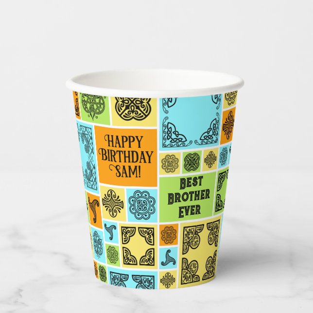 Gobelets En Papier Ajouter nom et relation Anniversaire Orange & Vert (Recto)
