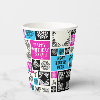 Gobelets En Papier Ajouter Nom & Relation Anniversaire Magenta & Bleu