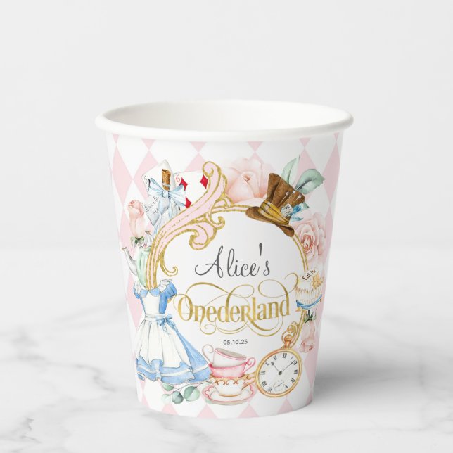Gobelets En Papier Alice à Onederland, fille 1er anniversaire Coupes  (Recto)