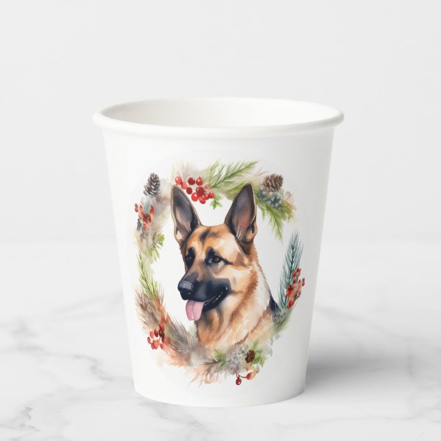 Gobelets En Papier Allemand Berger Noël Wreath Festive Pup (Recto)