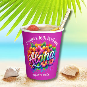 Gobelets En Papier Aloha Tropical Hawaiian Anniversaire Luau Purple