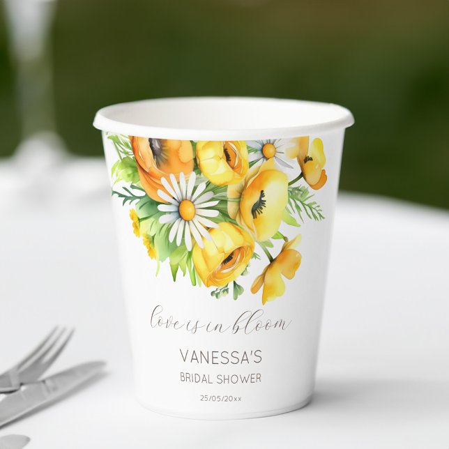 Gobelets En Papier Amour en fleurs modèle de shower de mariage printe (Love in bloom spring summer bridal shower template paper cups personalized tableware yellow flowers)