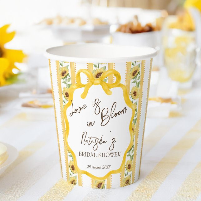 Gobelets En Papier Amour en fleurs tournesols fête de mariage personn (Love in bloom sunflowers bridal shower monogrammed paper cups yellow retro stripes personalized cups)