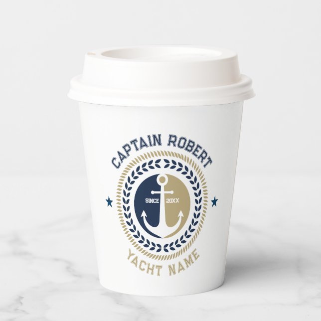 Gobelets En Papier Ancrage de bateau nautique bleu et or (Verso)