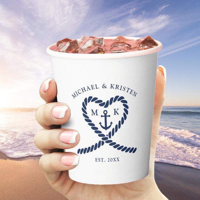 Gobelets En Papier Ancre de coeur de cordes bleu marine Mariage de mo (Nautical Blue Rope Heart Anchor Monogram Wedding Paper Cups)