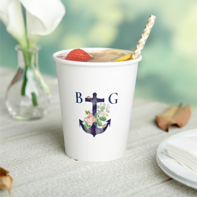 Gobelets En Papier Ancre Floral Nautical Summer Mariage (Insitu)