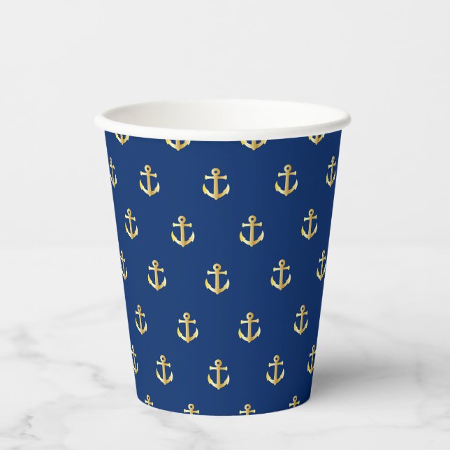 Gobelets En Papier Ancres Nautiques Jaune Chic Or Motif Sur Bleu (Recto)
