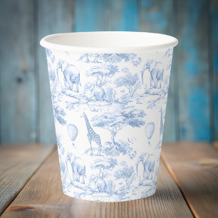 Gobelets En Papier Animaux de Safari Toile de Jouy Bleue Baby shower