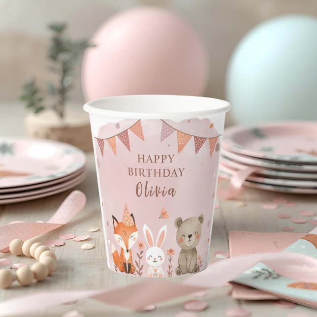 Gobelets En Papier Animaux des bois Anniversaire fête rose (Créateur téléchargé)