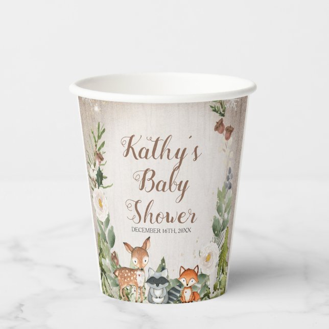 Gobelets En Papier Animaux d'hiver Bois Blanc Baby shower Floral (Recto)