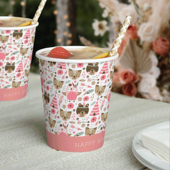 Gobelets En Papier Animaux en bois rose mignons Anniversaire personna (Créateur téléchargé)