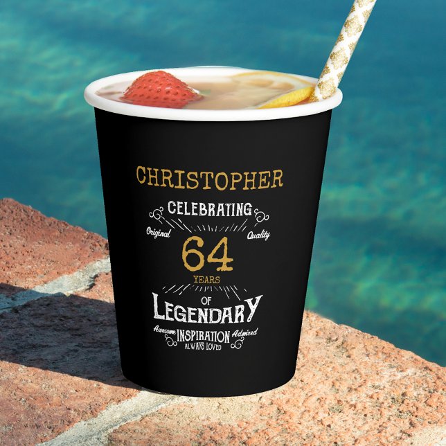 Gobelets En Papier Anniversaire Black Gold Retro N'importe quelle ann (Black and gold personalized birthday party paper cups.)