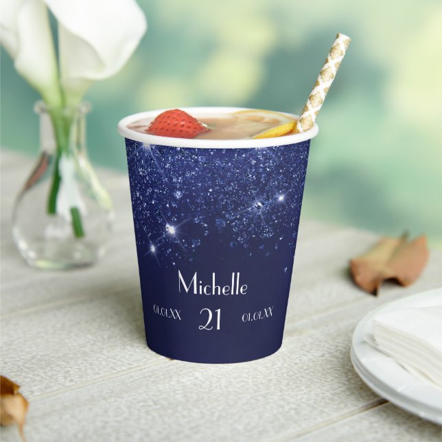 Gobelets En Papier Anniversaire bleu marine nom de parties scintillan (Insitu)