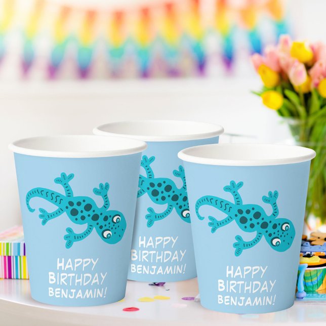 Gobelets En Papier Anniversaire de enfant de dessin bleu Gecko Lizard (Créateur téléchargé)