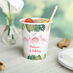 Gobelets En Papier Anniversaire de la fille d'or rose Dinosaur