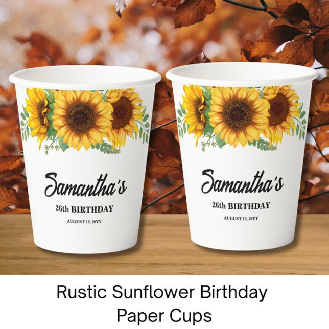 Gobelets En Papier Anniversaire de tournesol rustique (Créateur téléchargé)