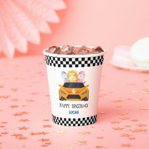 Gobelets En Papier Anniversaire Dinosaur race voiture jaune nom enfan