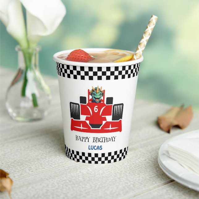 Gobelets En Papier Anniversaire Dinosaur voiture de course rouge nom  (Insitu)