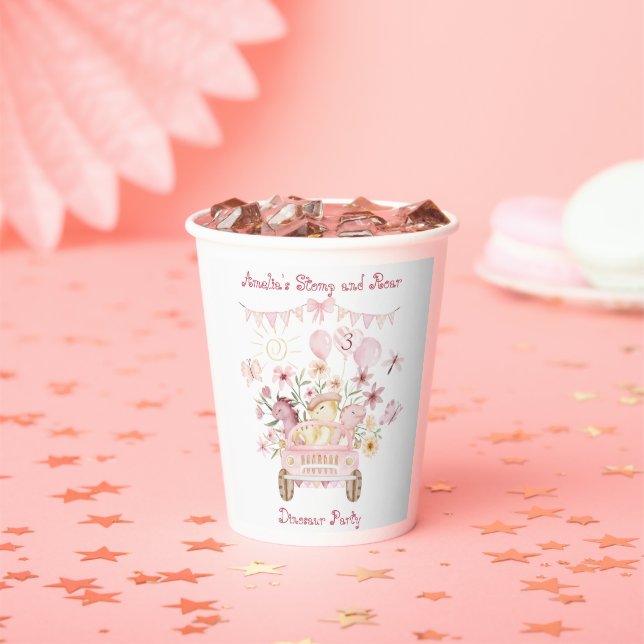 Gobelets En Papier Anniversaire du rose Stomp et des dinosaures (Insitu)