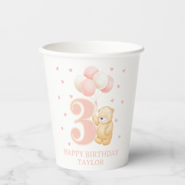 Gobelets En Papier Anniversaire fille 3 ans Rose mignonne Ours Teddy  (Recto)