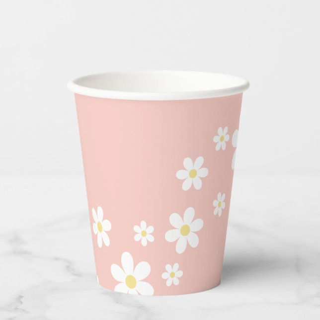 Gobelets En Papier Anniversaire Fleur de Pâquerette Rose Rétro (Recto)