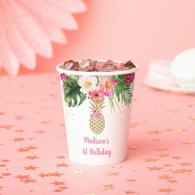 Gobelets En Papier Anniversaire floral d'ananas rose or (Insitu)