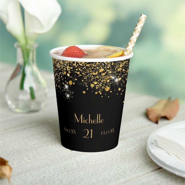 Gobelets En Papier Anniversaire noir or parties scintillant poussière (Insitu)
