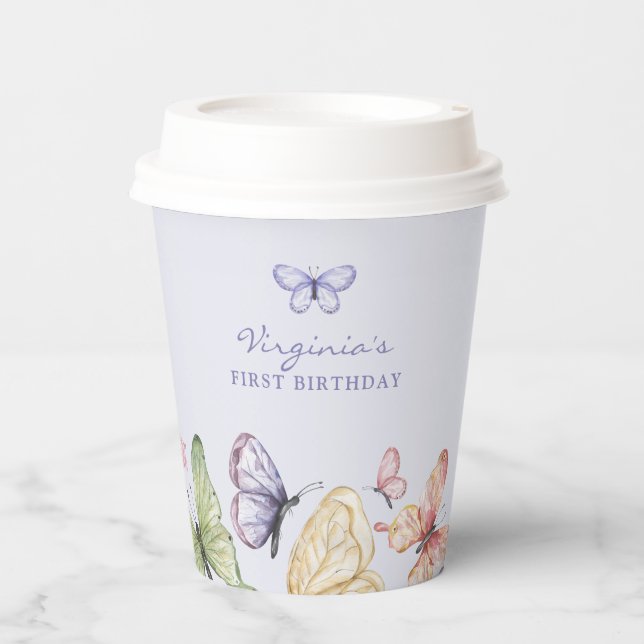 Gobelets En Papier Anniversaire Papillon Violet (Recto)