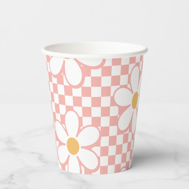 Gobelets En Papier Anniversaire Retro Checker Pink Daisy (Verso)