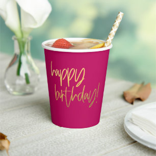 Gobelets En Papier Anniversaire rose chaud et or heureux