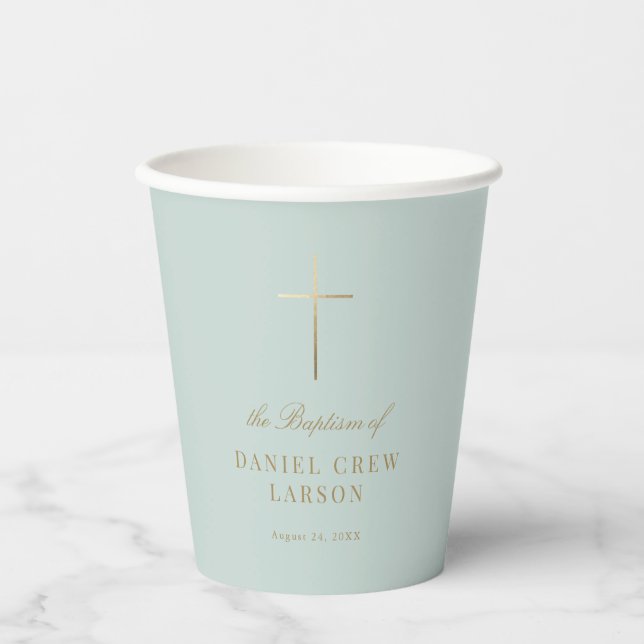 Gobelets En Papier Aqua Simple Elegant Gold Cross Baptism Christening (Recto)