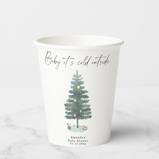 Gobelets En Papier Aquarelle baby shower d'arbre de Noël (Recto)