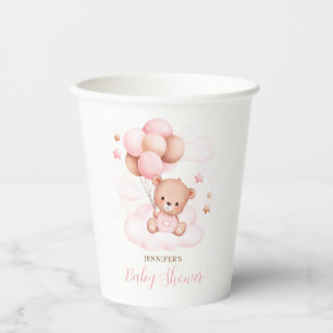 Gobelets En Papier Aquarelle Ballons roses Baby shower Ours en Teddy