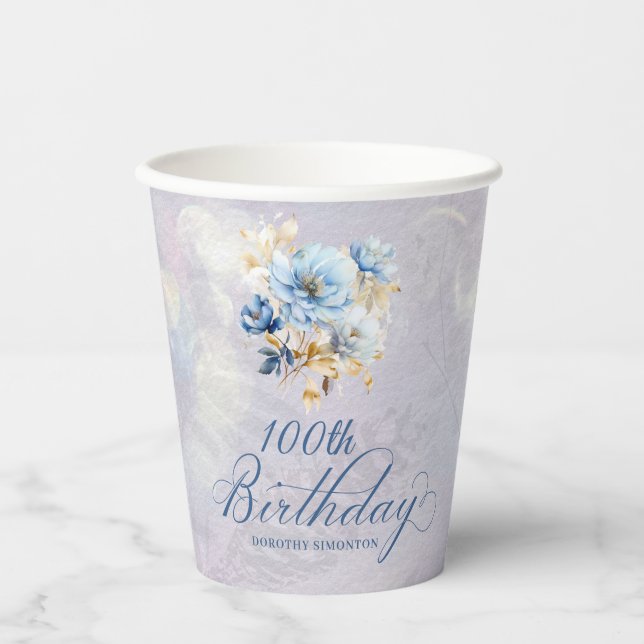 Gobelets En Papier Aquarelle Bleu Blanc Floral 100e anniversaire (Recto)