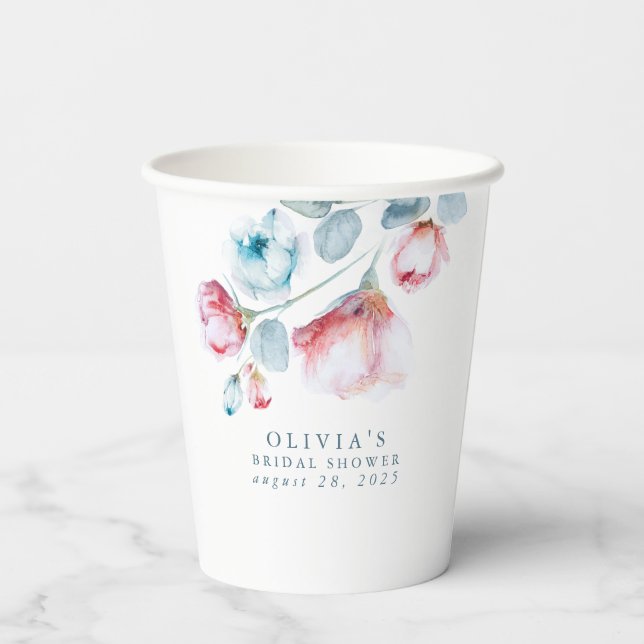 Gobelets En Papier Aquarelle bleu foncé Fleurs Elégante Douche de fêt (Verso)