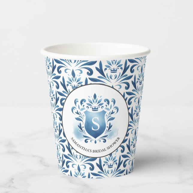 Gobelets En Papier Aquarelle bleue Fête des mariées de crête monogram (Recto)