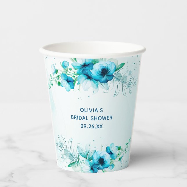 Gobelets En Papier Aquarelle bleue Florale Fête des mariées personnal (Recto)