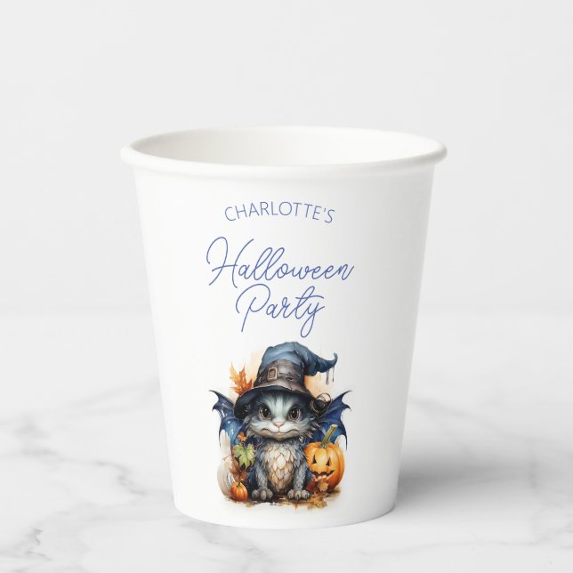 Gobelets En Papier Aquarelle bleue personnalisée Baby Dragon Hallowee (Recto)